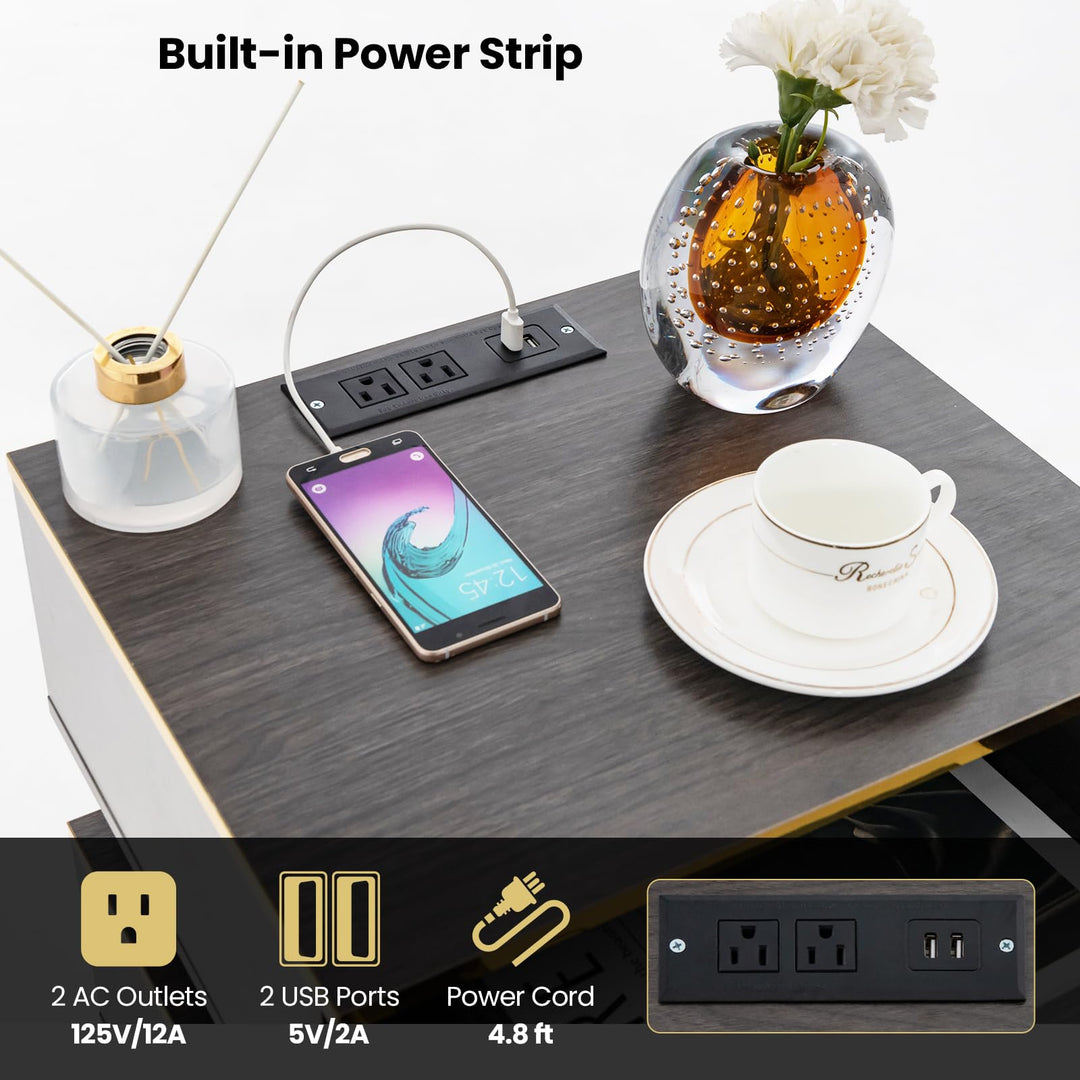 Giantex Nightstand with Charging Station &amp; LED Lights, 28.5" Bedside Table with 2 Drawers