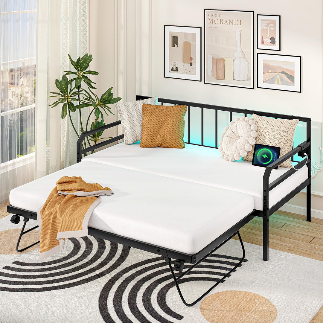 Giantex Twin Daybed with Trundle, Twin Bed Frame with Charging Station &amp; LED Lights, Metal Trundle Bed Twin w/Steel Slats Support