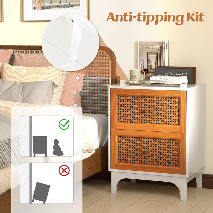 Giantex Rattan Nightstand with Drawers, Natural Rattan End Table, Cane Accent Bedside Table with Solid Wood Legs for Bedroom