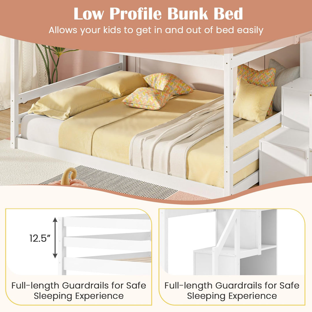 Giantex Bunk Bed with Stairs, Solid Wood Floor Bunk Bed with Storage Staircase &amp; Full-Length Guardrails