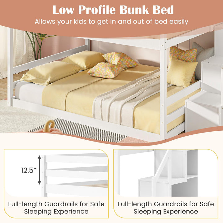Giantex Bunk Bed with Stairs, Solid Wood Floor Bunk Bed with Storage Staircase &amp; Full-Length Guardrails