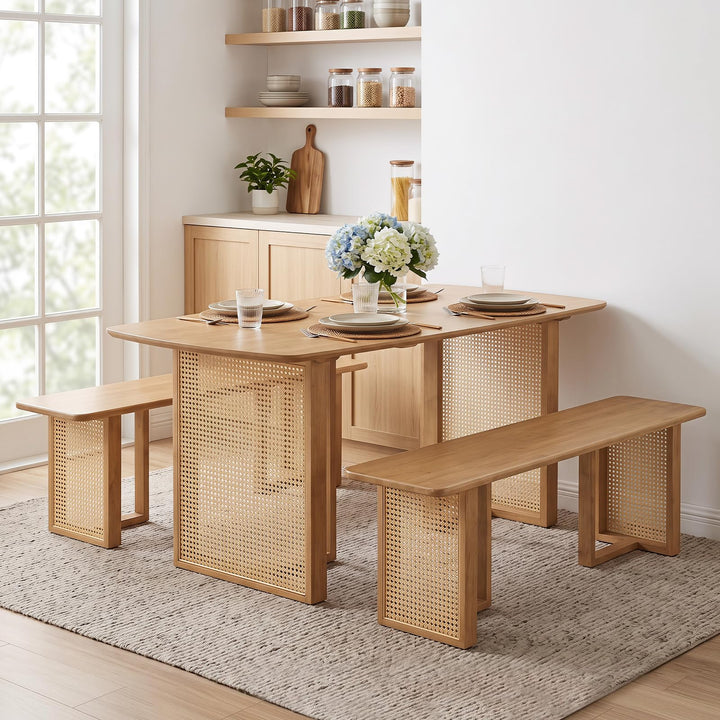 GIANTEX Rattan Dining Table Set for 4 | Rubber Wood Kitchen Table &amp; 2 Bench