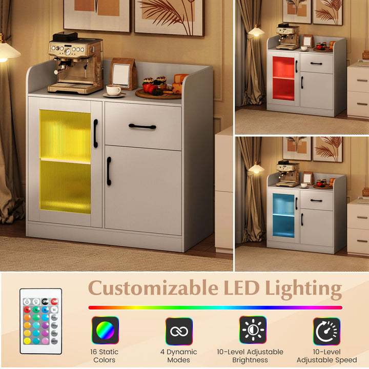 Giantex RGB LED Buffet Sideboard | White Kitchen Storage Cabinet with Charging Station