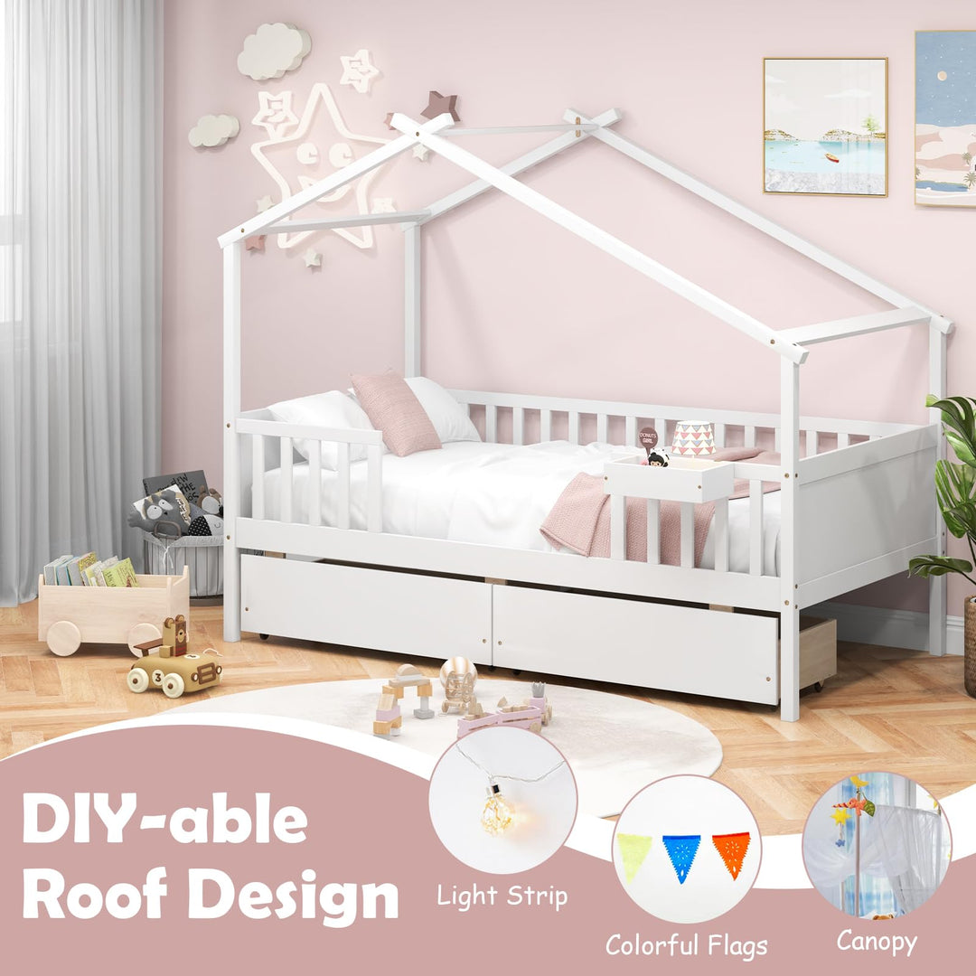 Giantex Twin House Bed with Drawers, Wooden Twin Bed Frame with Cube Storage &amp; Fence Rails