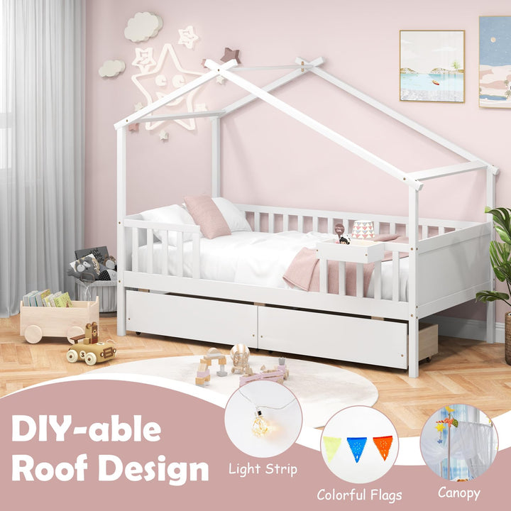 Giantex Twin House Bed with Drawers, Wooden Twin Bed Frame with Cube Storage &amp; Fence Rails