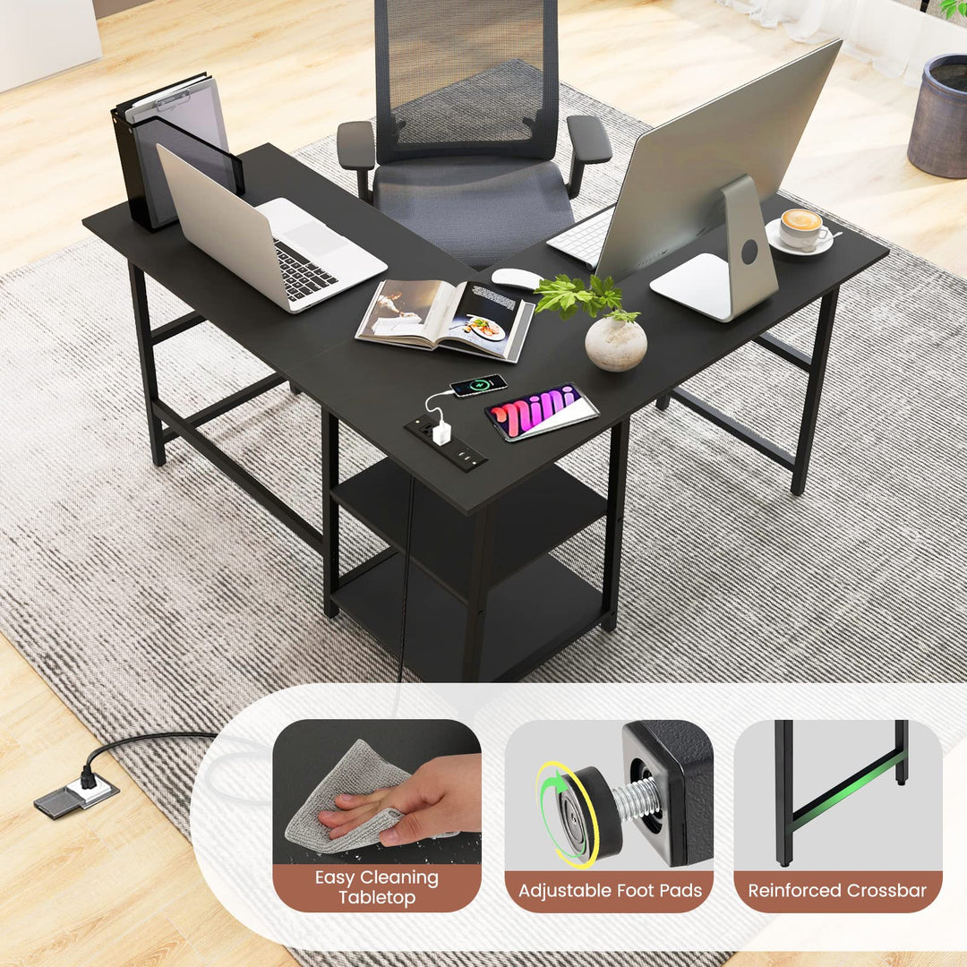 Giantex L Shaped Desk with Power Outlets &amp; USB Ports, 48" Corner Gaming Desk with 2 Tier Storage Shelves