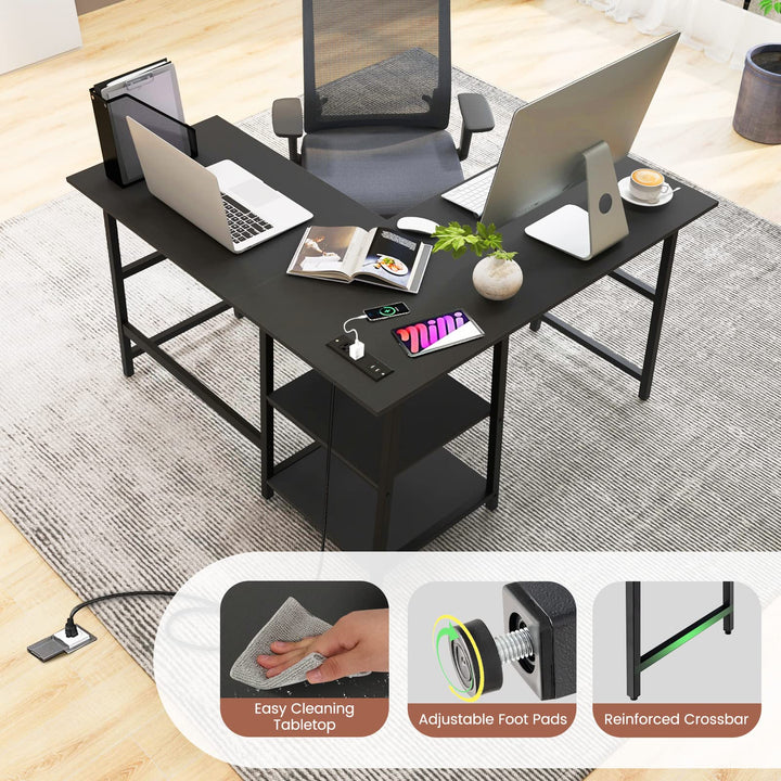 Giantex L Shaped Desk with Power Outlets &amp; USB Ports, 48" Corner Gaming Desk with 2 Tier Storage Shelves