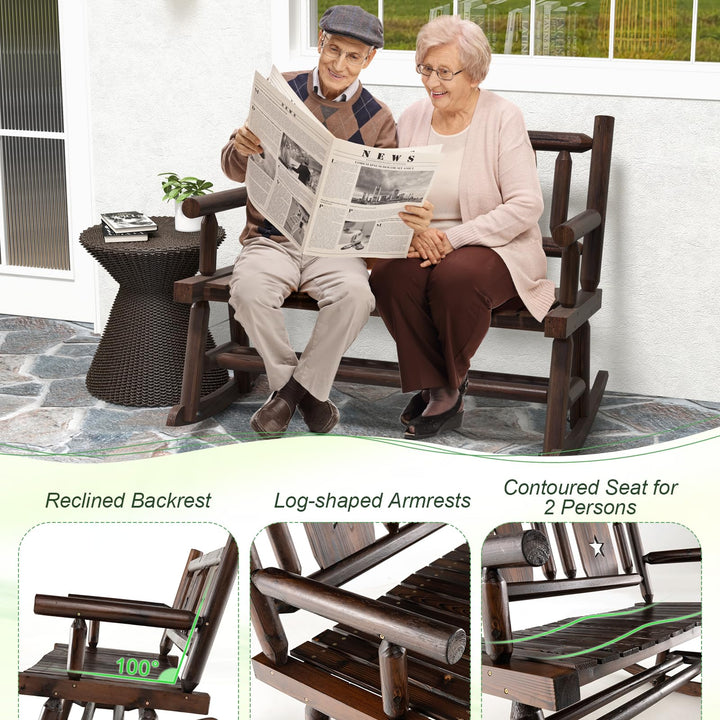 Giantex Outdoor Rocking Bench, Patio Loveseat Rocker for 2 w/Ergonomic Back &amp; Log Arms, Carbonized Fir Wood Frame