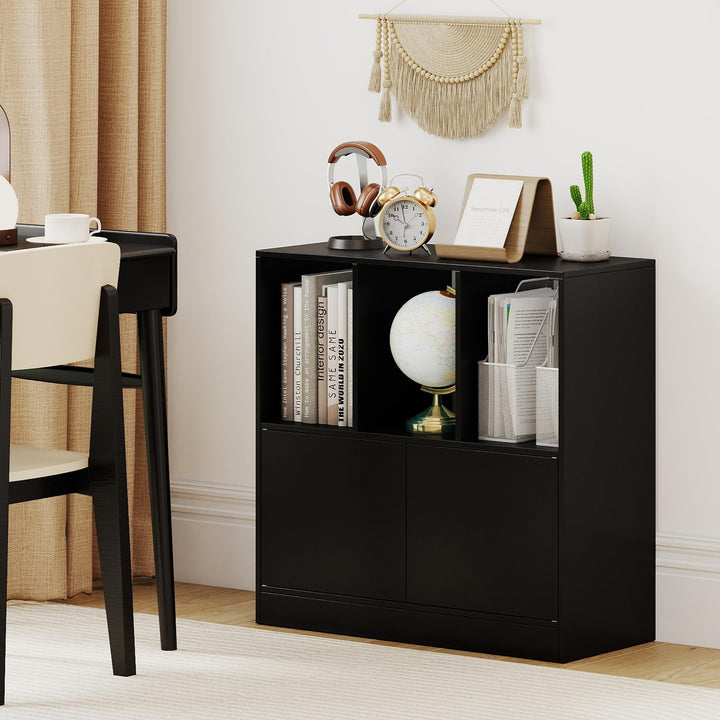 Giantex 3-Cube Bookcase with Doors | 3-Tier Cubic Bookshelf w/Open Compartments &amp; Cabinet