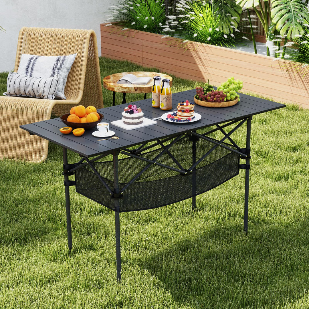 Giantex Folding Camping Table Portable Picnic Table w/Aluminum Roll-up Tabletop &amp; Mesh Basket