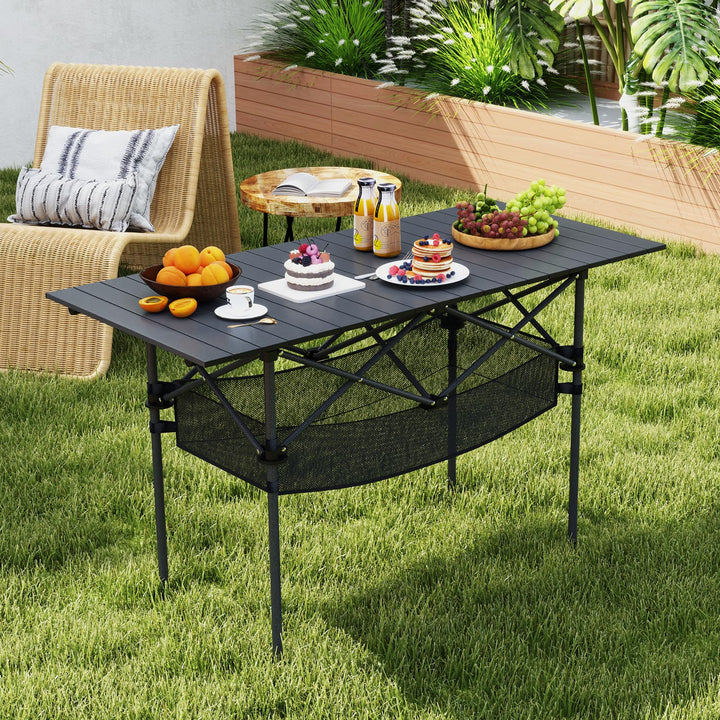 Giantex Folding Camping Table Portable Picnic Table w/Aluminum Roll-up Tabletop &amp; Mesh Basket