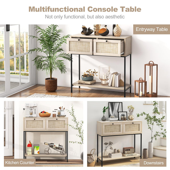 Giantex Console Table with Rattan Drawers - 31.5" Entryway Table w/ 2 Drawers &amp; Open Storage Shelf