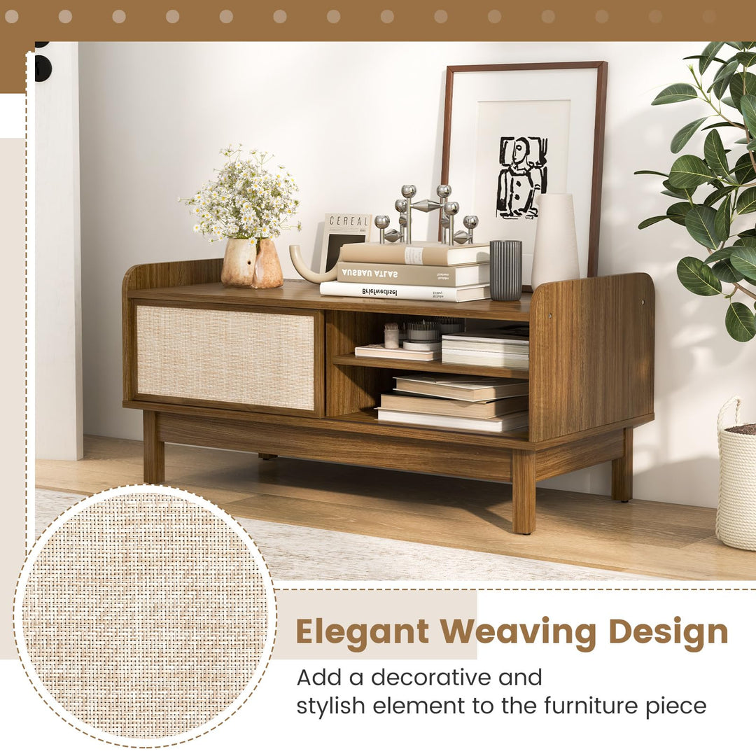 Giantex Coffee Table with Storage and Sliding Doors, Mid-Century Modern Coffee Table with Adjustable &amp; Removable Shelf