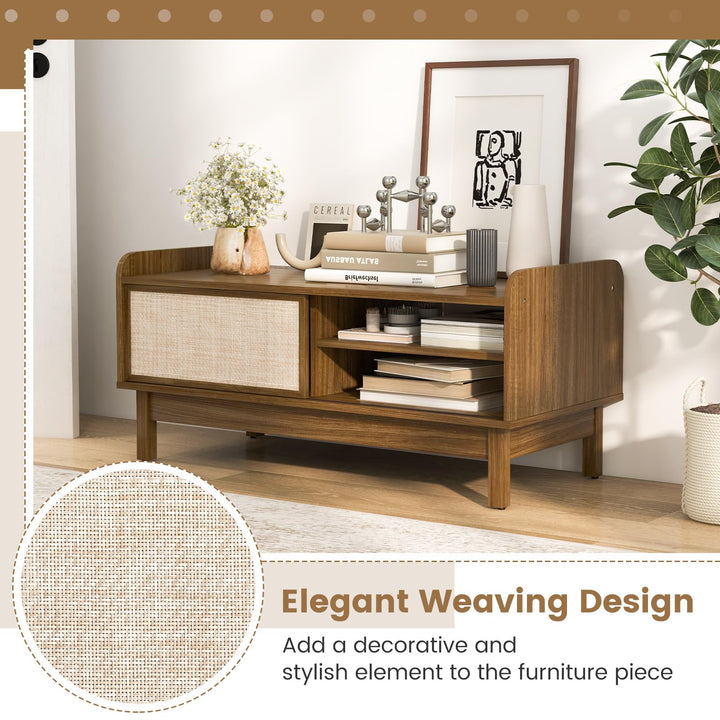Giantex Coffee Table with Storage and Sliding Doors, Mid-Century Modern Coffee Table with Adjustable &amp; Removable Shelf