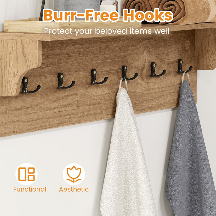 Giantex Wall-Mounted Storage Shelf | 31.5" Wooden Hanging Coat Rack with 6 Hooks