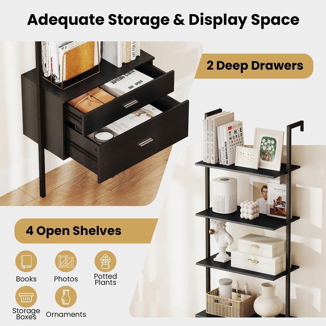Giantex 6-Tier Ladder Bookcase with 2 Drawers 72.5" Tall Wall-Mounted Bookshelf with Metal Frame
