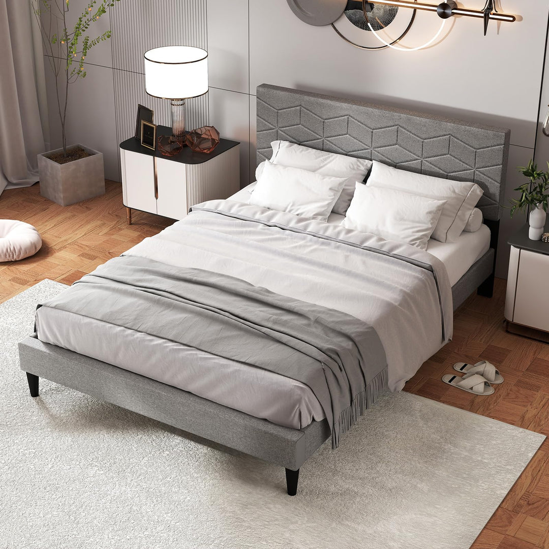 Giantex Queen/Full/Twin Size Upholstered Bed Frame Modern Platform Bed with Linen Fabric Geometric Headboard