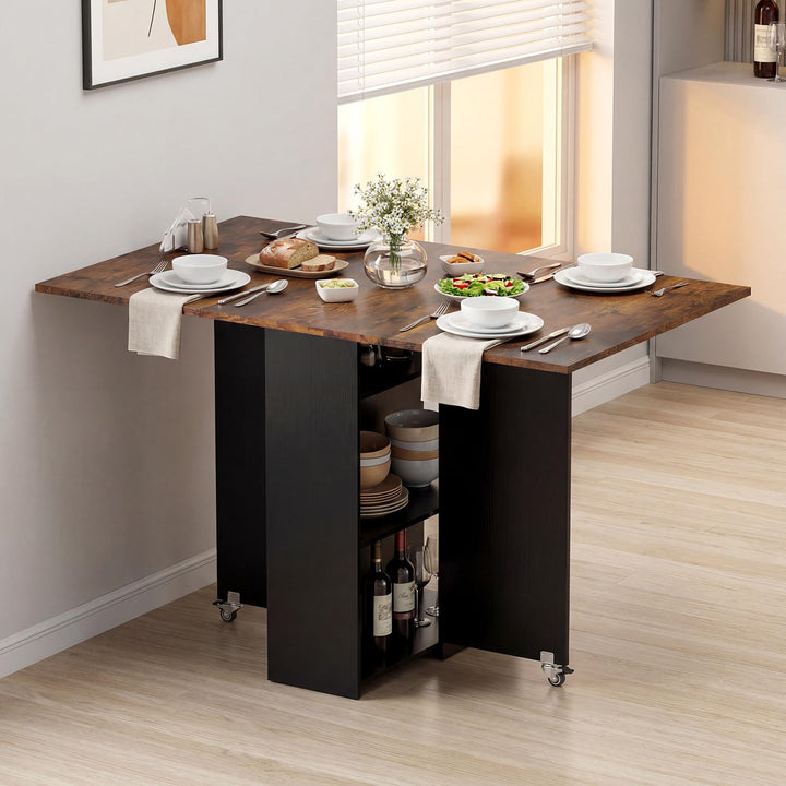 Giantex 47.5" Folding Dining Table | Drop Leaf Wooden Dinner Table with 2-Tier Storage Shelf and Drawer