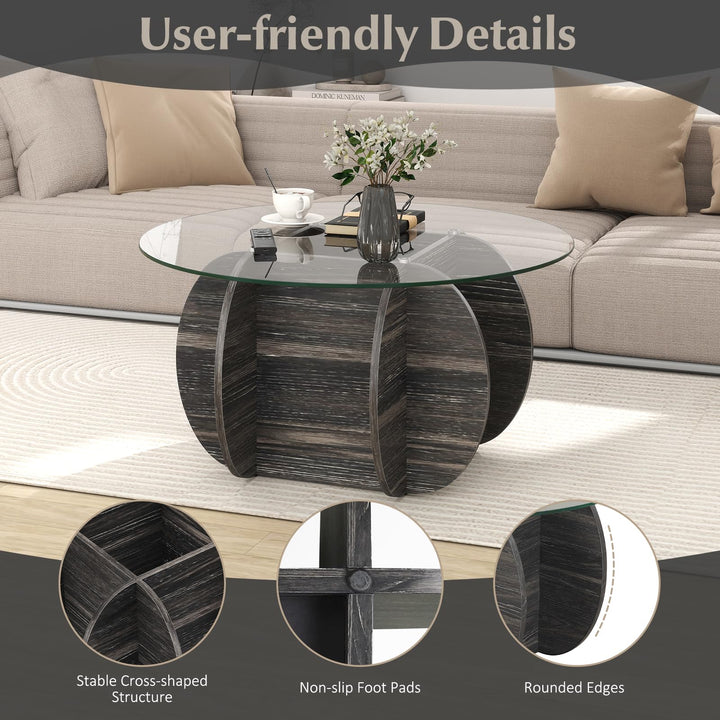 Giantex 35" Glass Round Coffee Table with Storage Tempered Glass Top &amp; Solid Wood Base