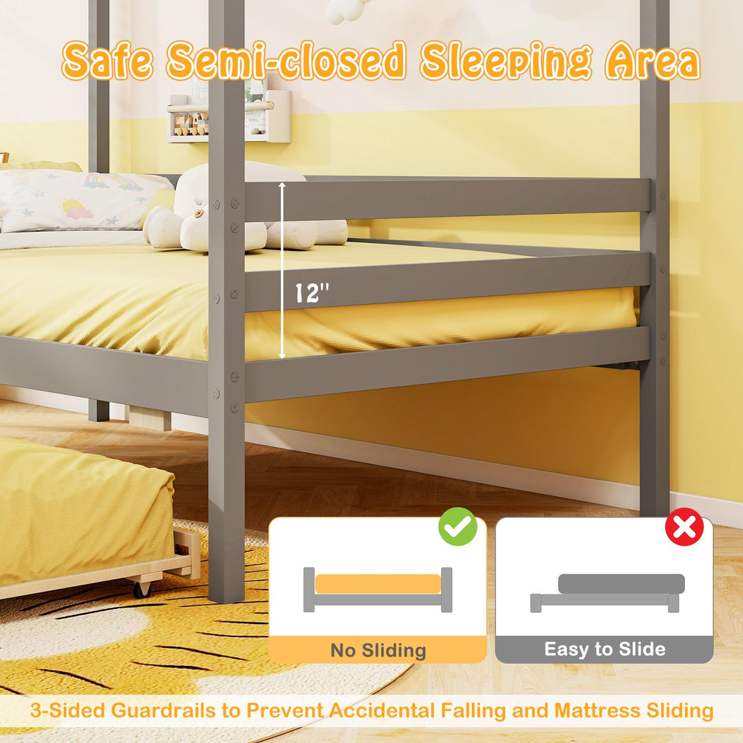Giantex Twin House Bed with Trundle Bed Twin, Wooden Twin Bed Frames with Roof, Chimney &amp; Window