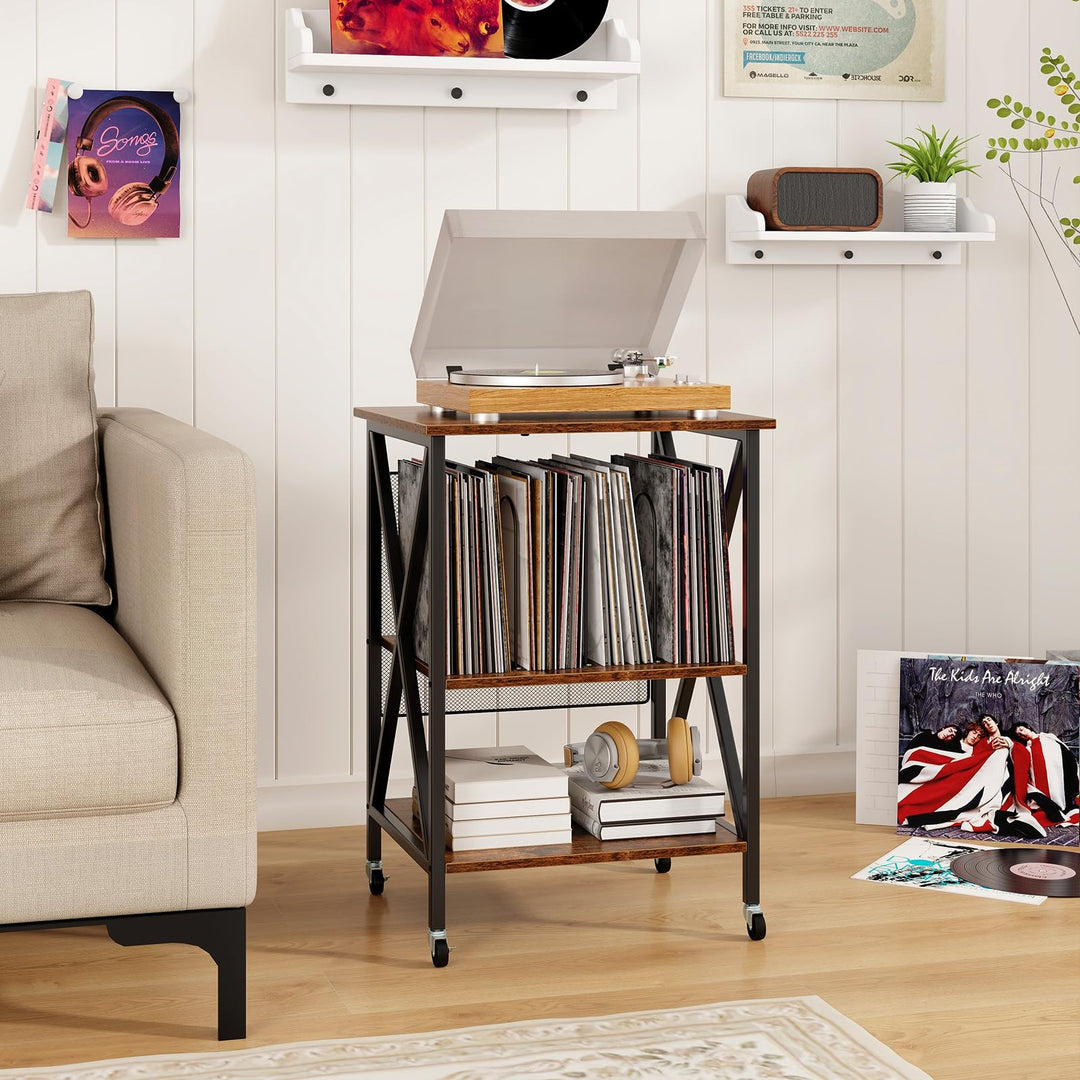 Giantex Record Player Stand with Charging Station, Turntable Stand with Record Storage &amp; 4 Rolling Wheels