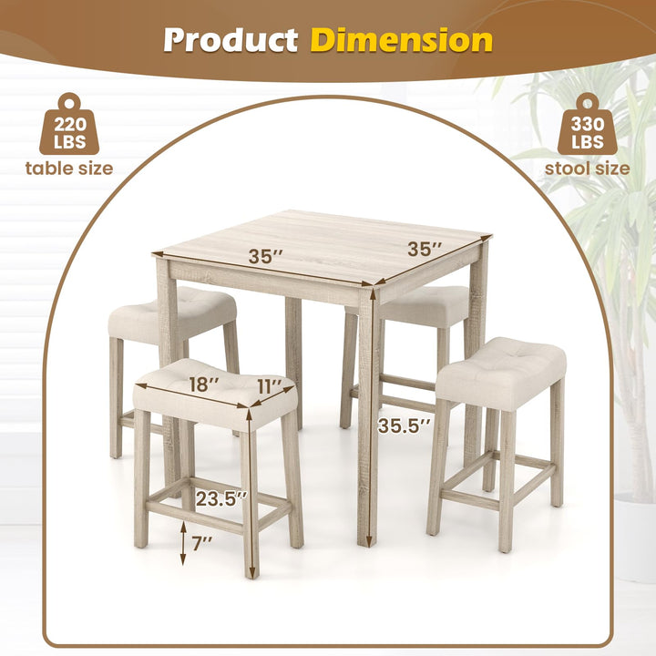 5 Pieces Bar Table Set with Square Table and 4 Padded Stools-Gray