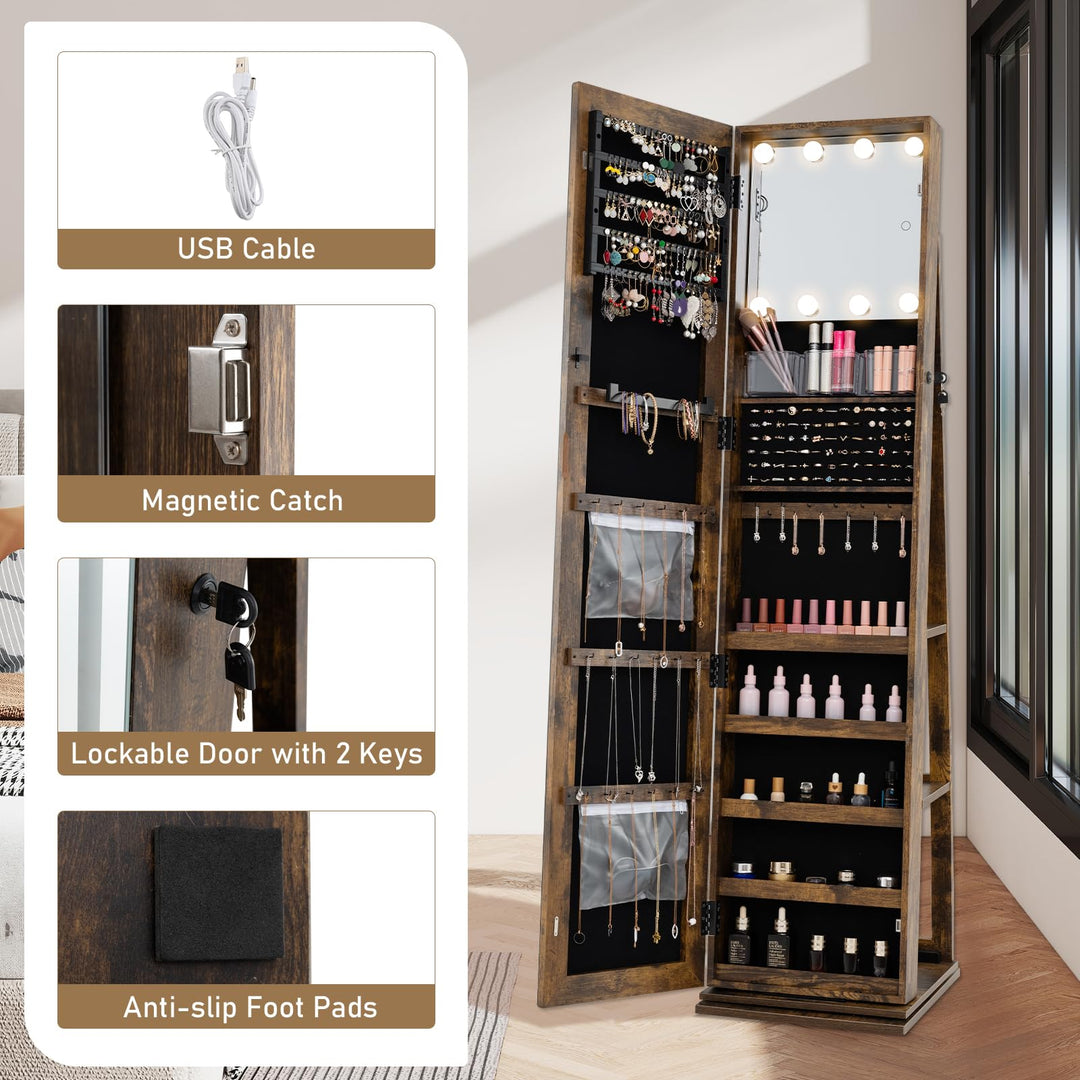 CHARMAID Swivel Jewelry Armoire with Full-Length Mirror &amp; Lighted Makeup Mirror