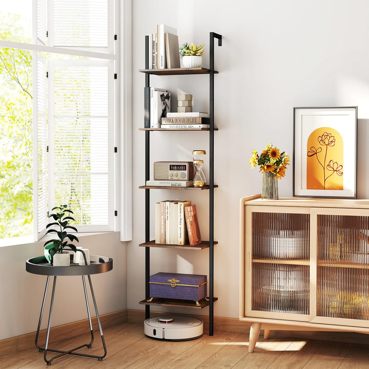 Giantex 5 Tier Ladder Shelf Wall Mount Bookshelf with Anti-Tipping Kits &amp; Metal Frame