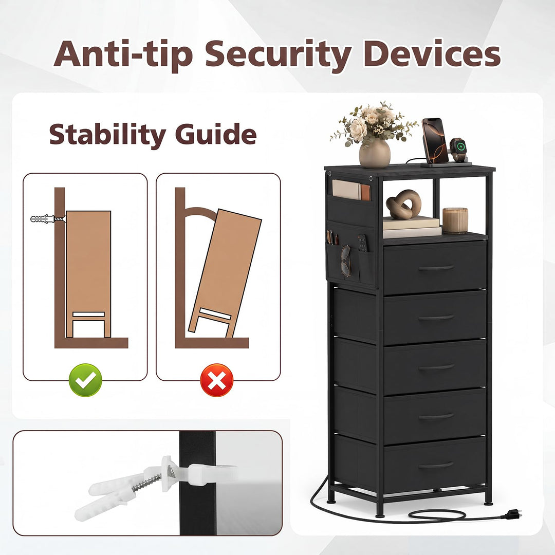 GIANTEX Modern 39" Bedside Table with Integrated Charging Station &amp; 5 Fabric Drawers (1/2)
