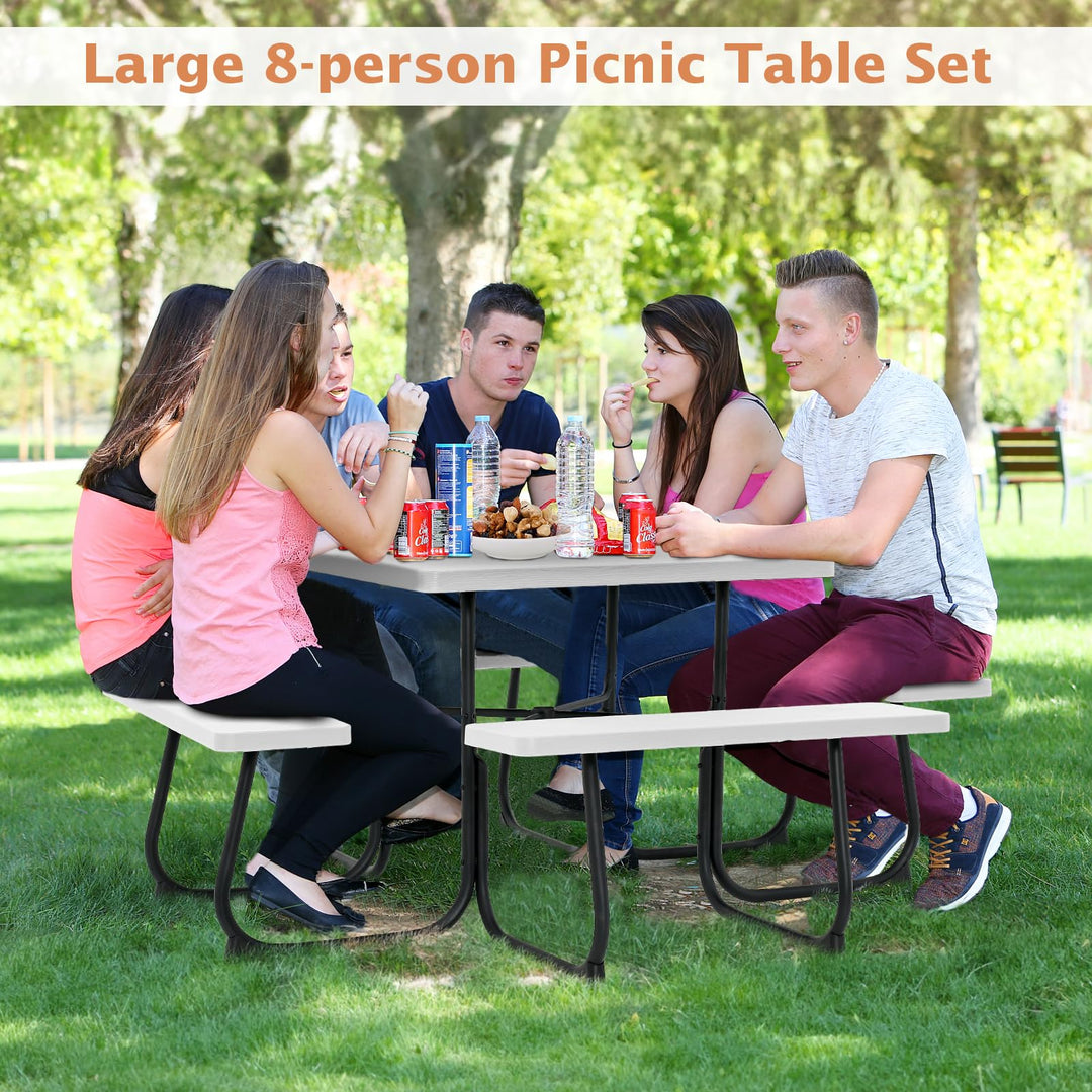 Giantex Picnic Table Set for 4-8 Persons, Outdoor Table and Bench Set with Umbrella Hole, HDPE Top &amp; Metal Frame