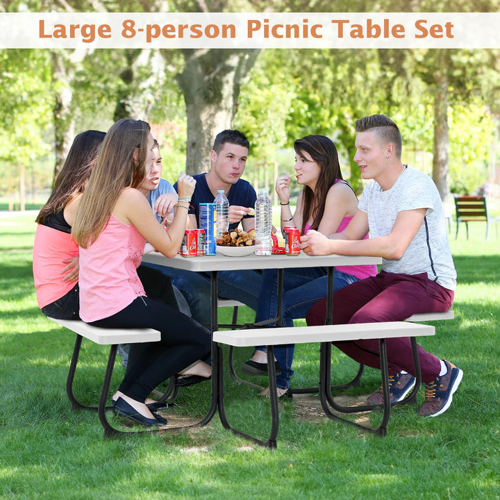 Giantex Picnic Table Set for 4-8 Persons, Outdoor Table and Bench Set with Umbrella Hole, HDPE Top &amp; Metal Frame