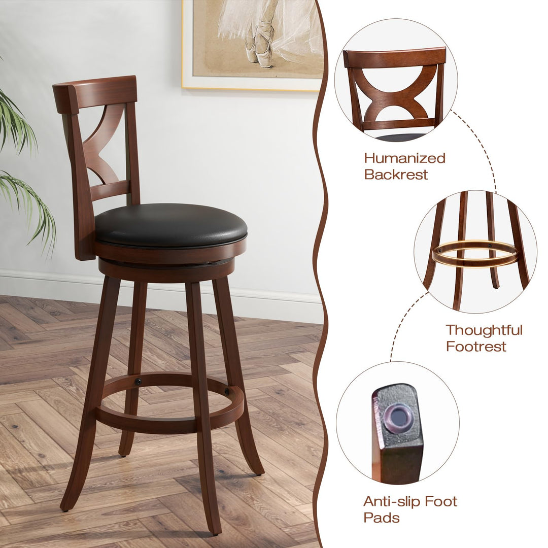 Giantex Bar Stools Set of 2, 30.5" Counter Height Bar Dining Chairs with Back &amp; Footrest, Rubber Wood Frame
