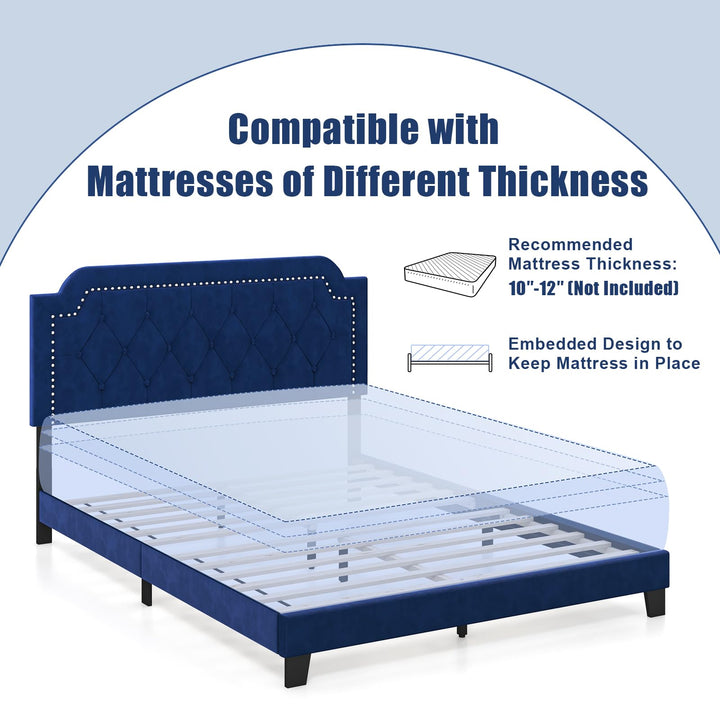 Giantex Velvet Queen Size Bed Frame, Upholstered Platform Bed with Button Tufted &amp; Nailhead Trim Headboard