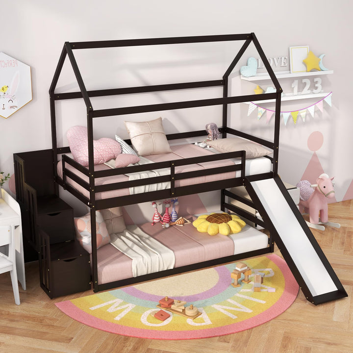 Giantex House Bunk Bed Twin Over Twin with Slide and Storage Stairs, Solid Wood Low Loft Bed Frame with Roof &amp; Guardrail