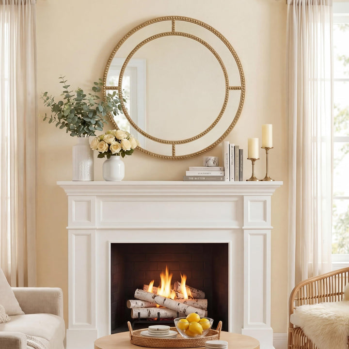 CHARMAID 28" Gold Round Wall Mirror with Beaded Frame