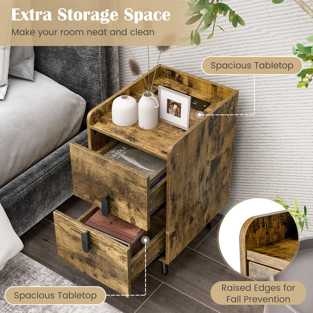 Giantex Nightstand with Charging Station, Narrow End Table with 2 Drawers &amp; Metal Gold Legs