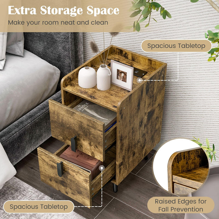 Giantex Nightstand with Charging Station, Narrow End Table with 2 Drawers &amp; Metal Gold Legs