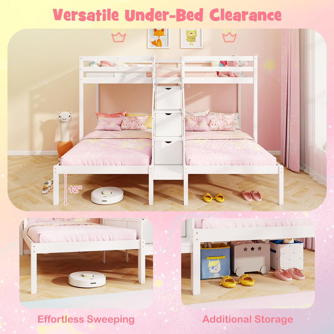 Giantex Twin Over Twin &amp; Twin Bunk Bed, Triple Bunk Beds with 4-Step Storage Stair, Wooden 3 Bunk Beds for Kids Teens