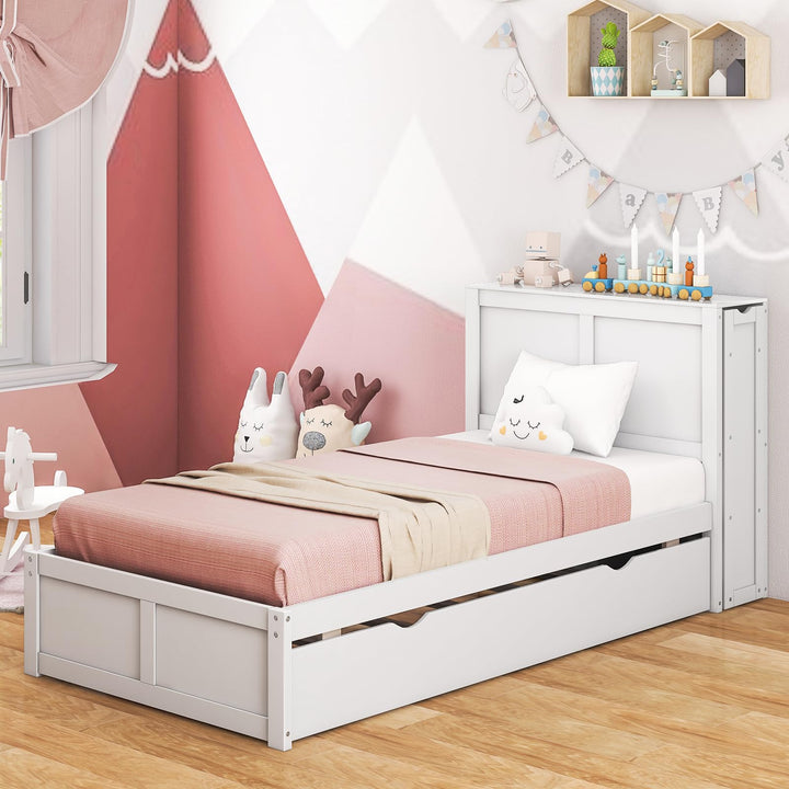 Giantex Full Bed Frame with Twin Trundle, Wooden Bed Wooden Bed Frame with 2 Rolling Bookcases &amp; High Headboard