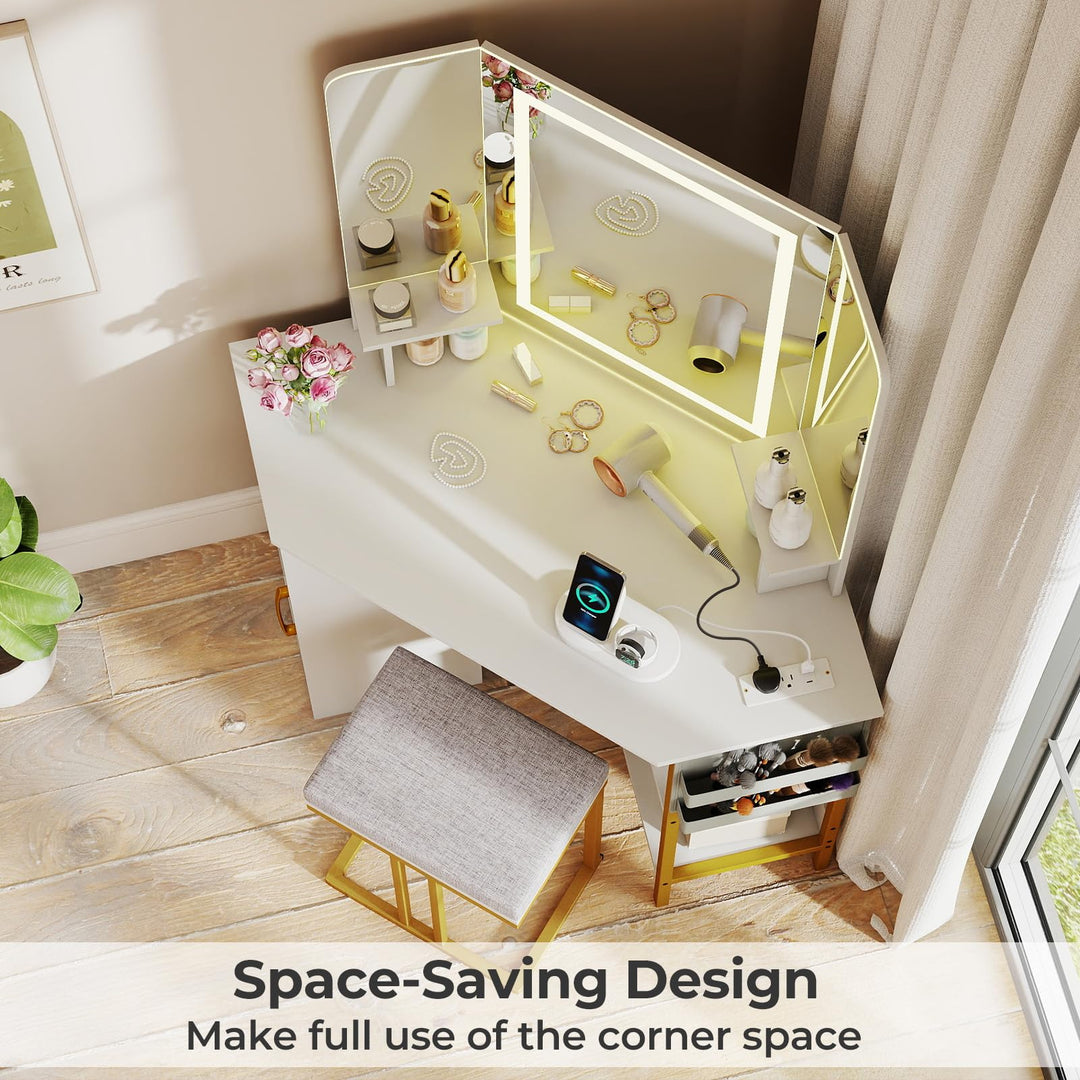 CHARMAID Corner Vanity Desk with Lighted Tri-Fold Mirror | Space Saving Dressing Table with Stool