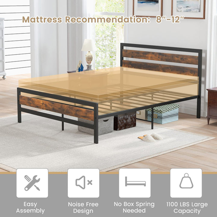 Giantex Queen Metal Platform Bed Frame with Wooden Headboard &amp; Footboard, Rustic Brown