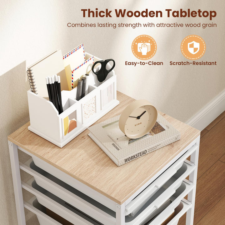 Giantex 5-Drawer Rolling Storage Cart Mobile Utility Organizer with Wooden Tabletop and Lockable Wheels