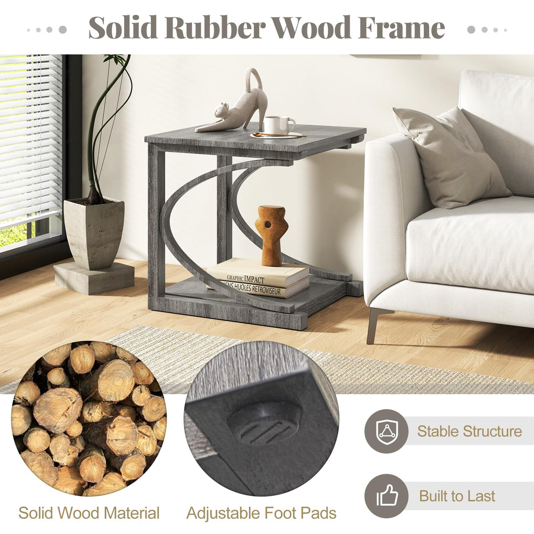 Giantex C-Shaped End Table, 24" Square Couch Table with Bottom Storage Shelf &amp; Solid Rubber Wood Frame