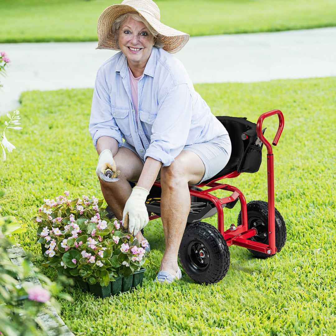 Giantex Cushioned Rolling Garden Cart Scooter with Storage Basket and Tool Pouch