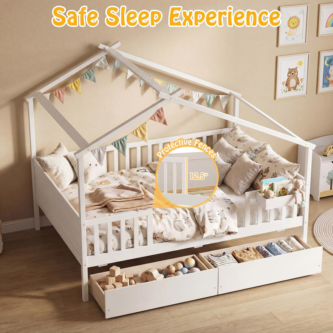 Giantex Full Size House Bed with Roof and Fence Rails for Kid