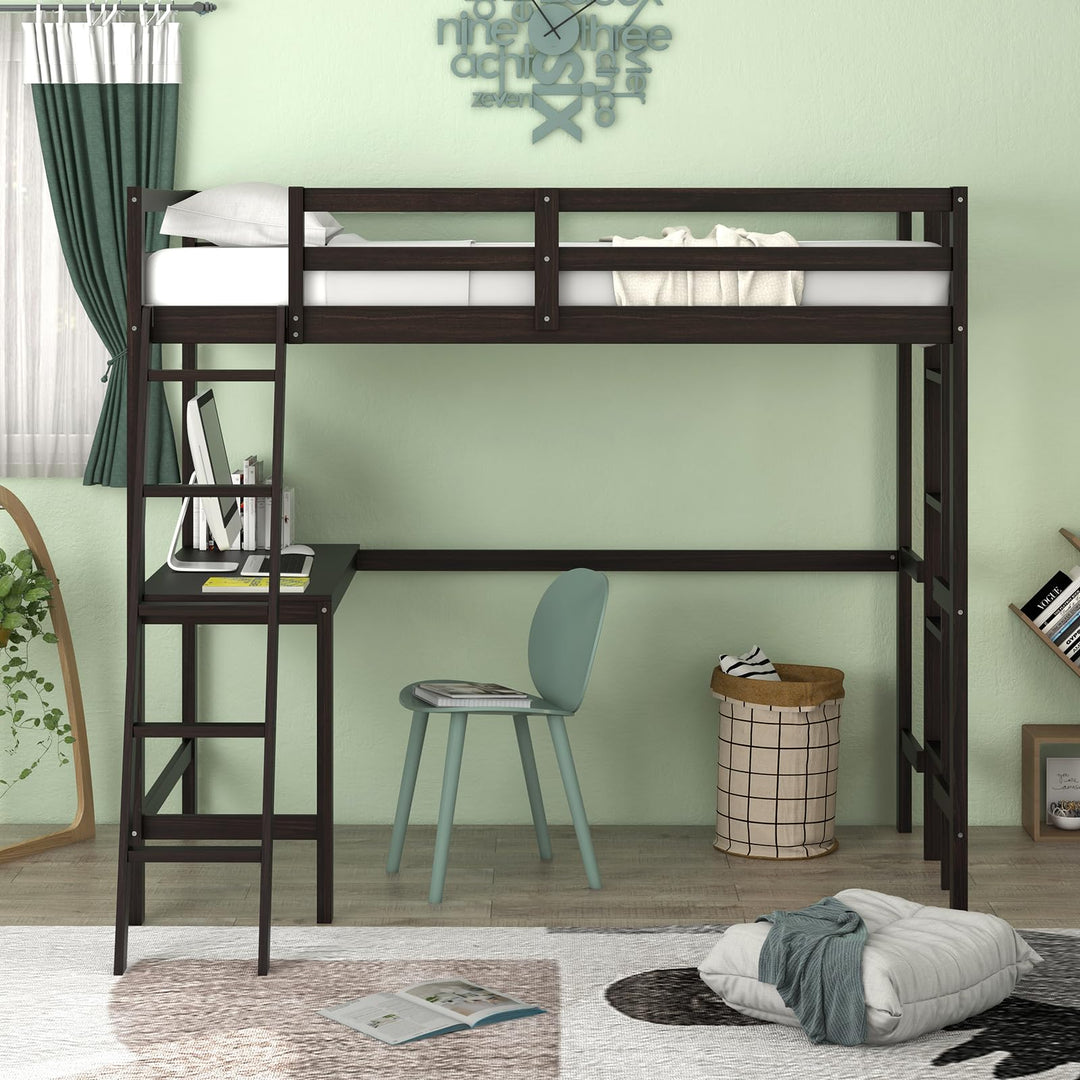Giantex Twin Size Loft Bed with Desk, Solid Wood Loft Bed with 2 Ladders &amp; Full Length Guardrail