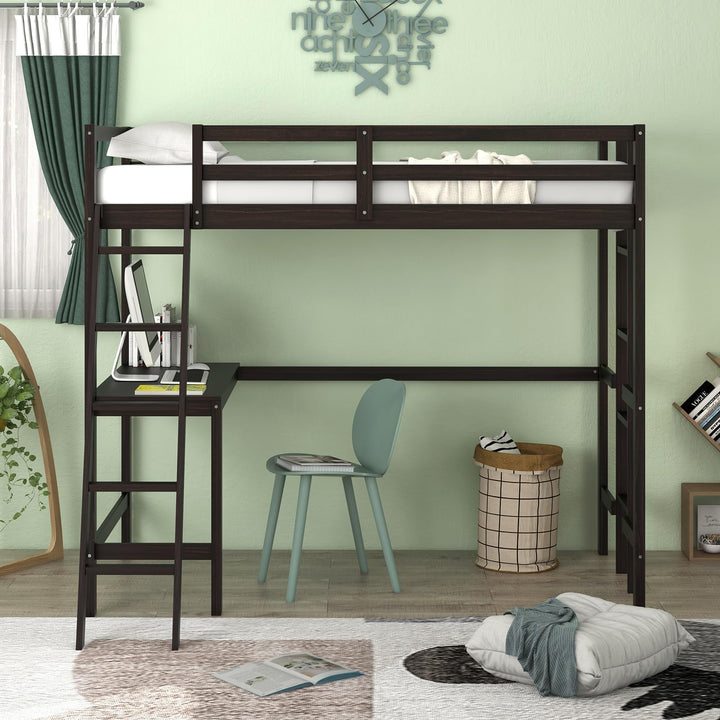 Giantex Twin Size Loft Bed with Desk, Solid Wood Loft Bed with 2 Ladders &amp; Full Length Guardrail