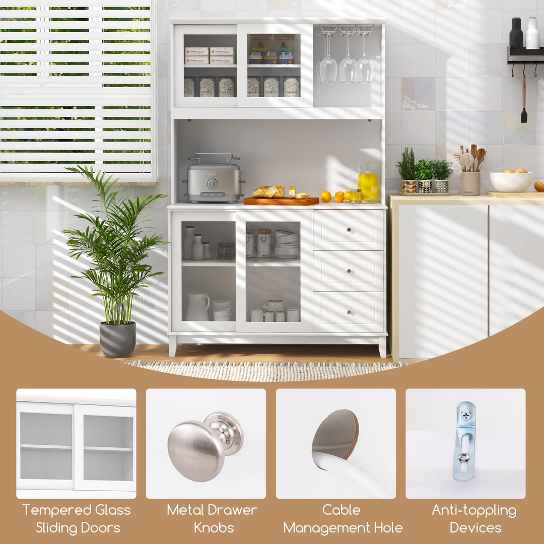 Giantex 73" Kitchen Pantry Storage Cabinet, Hutch Cabinet with LED Lights &amp; Power Outlet, Kitchen Buffet Cabinet w/Wine Glass Racks