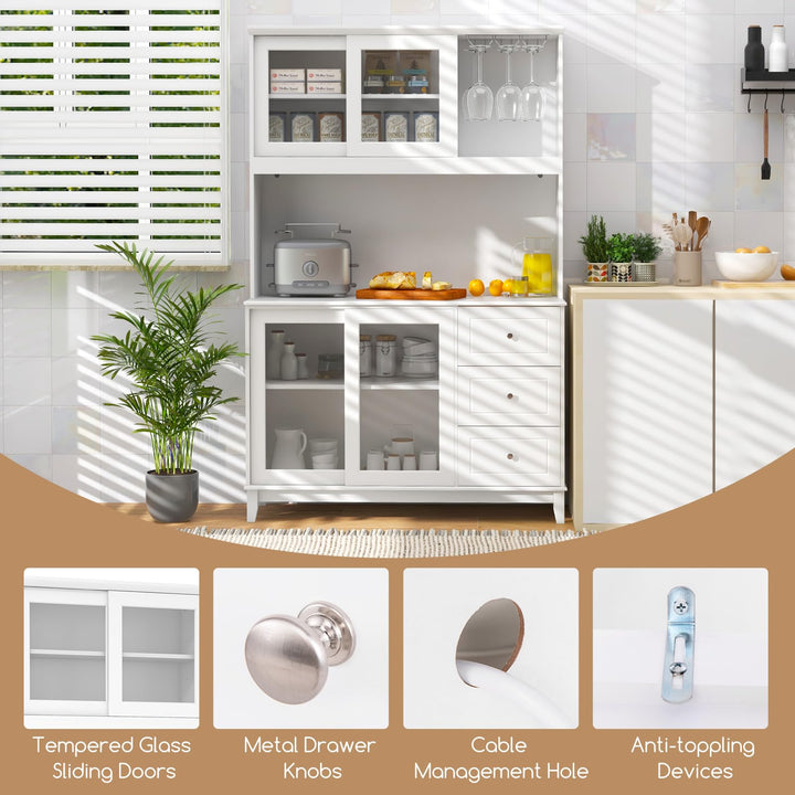 Giantex 73" Kitchen Pantry Storage Cabinet, Hutch Cabinet with LED Lights &amp; Power Outlet, Kitchen Buffet Cabinet w/Wine Glass Racks