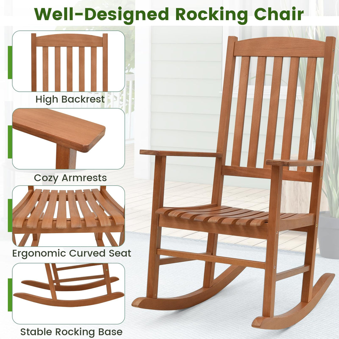 Giantex Wood Outdoor Rocking Chair - Eucalyptus Rocker Chair with Stable &amp; Safe Rocking Base